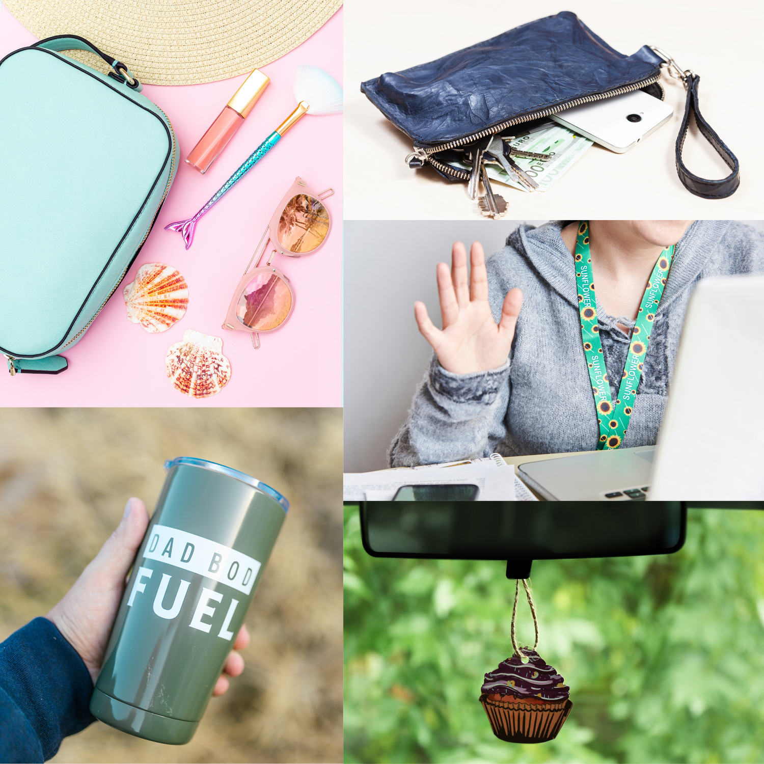 Picture of make up bag, tumbler, lanyards and air freshners